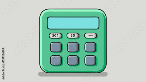 green calculator with blue screen and grey buttons isolated on white background.