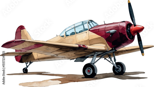 Watercolor illustration of classic single-engine aircraft. Vintage beige and burgundy small airplane isolated on white background.