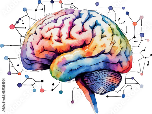 Watercolor brain-shaped neural network as artistic AI technology concept
