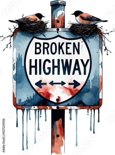 Broken highway sign with nesting birds watercolor. Post-apocalyptic roadside scene with faded lettering and rusty textures.