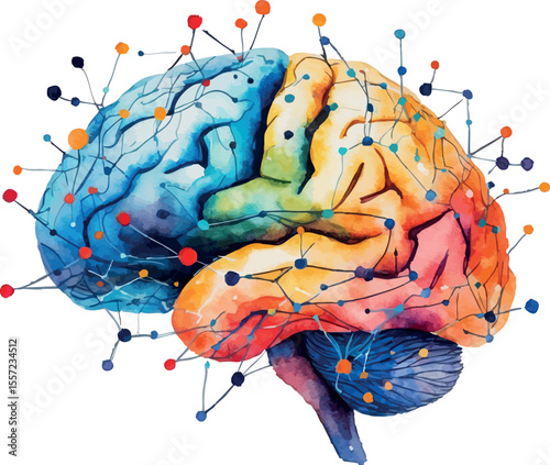 Watercolor brain-shaped neural network as artistic AI technology concept