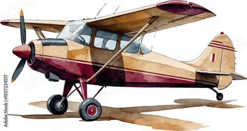 Watercolor illustration of classic single-engine aircraft. Vintage beige and burgundy small airplane isolated on white background.