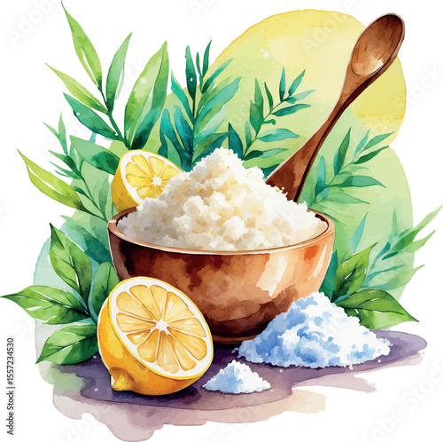 Watercolor vector of body exfoliation spa ritual with natural scrub and wooden spoon