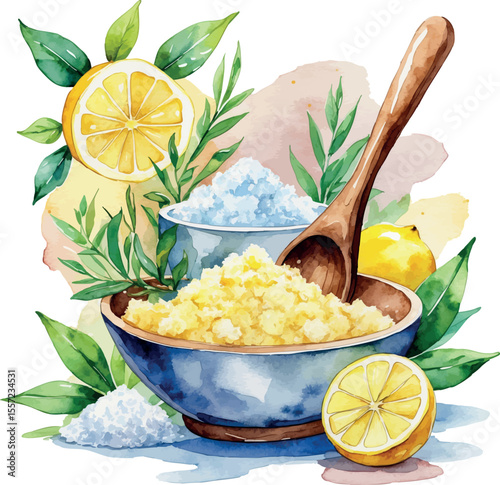 Watercolor vector of body exfoliation spa ritual with natural scrub and wooden spoon
