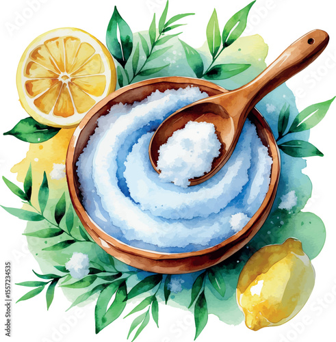 Watercolor vector of body exfoliation spa ritual with natural scrub and wooden spoon