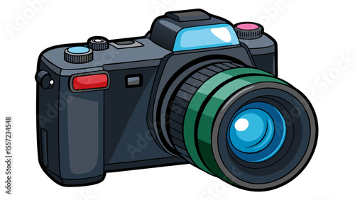 professional black digital dslr camera with green and blue accents isolated on white background.