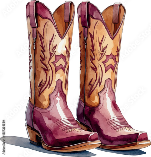 Watercolor western cowboy boots with stitching handpainted rustic fashion illustration