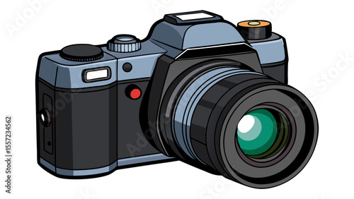 professional dslr camera with a prominent lens isolated on white background.