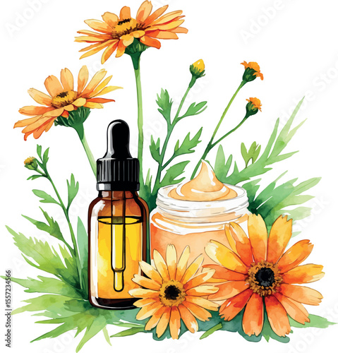 Watercolor vector of calendula-based skincare with infused oil and face cream