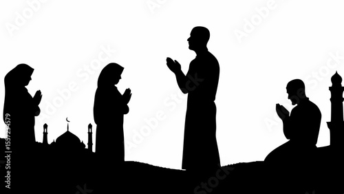 Silhouette of muslims praying near a mosque with minarets under a white background in a religious setting