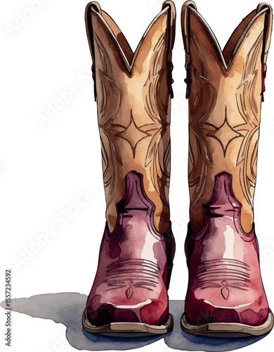 Watercolor western cowboy boots with stitching handpainted rustic fashion illustration