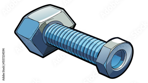 blue metallic bolt and nut assembly isolaed on white background.