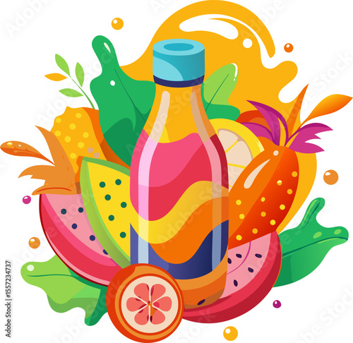 Colourful vector of a beverage bottle with fruit splashes (tropical drink) with white background.