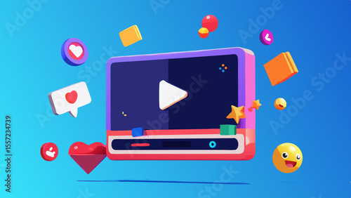 purple media player interface with play button and floating emojis and icons iolated on white background.