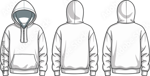 CAD drawing flat vector illustration of hoodie, front and back views, clean seam lines, modern silhouette, technical clothing sketch, stylish design template, fashion garment layout