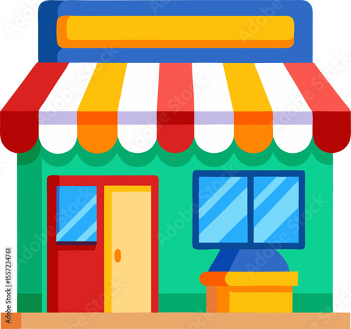 Vibrant illustration of storefront with awning and multi-coloured parcels with white background.