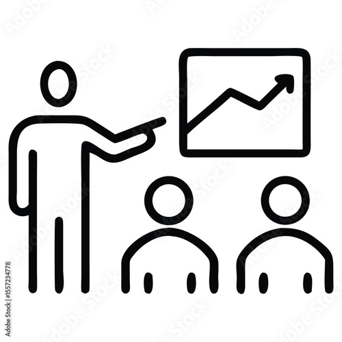Presentation outline icon showing data analysis, learning audience, and business seminar