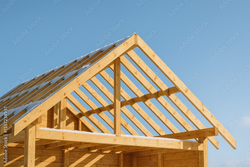 Obraz premium An incomplete roof featuring wooden beams covered in snow, showcasing its potential