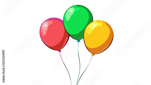 three colorful party balloons, red, green, and yellow, floating isolated on white background