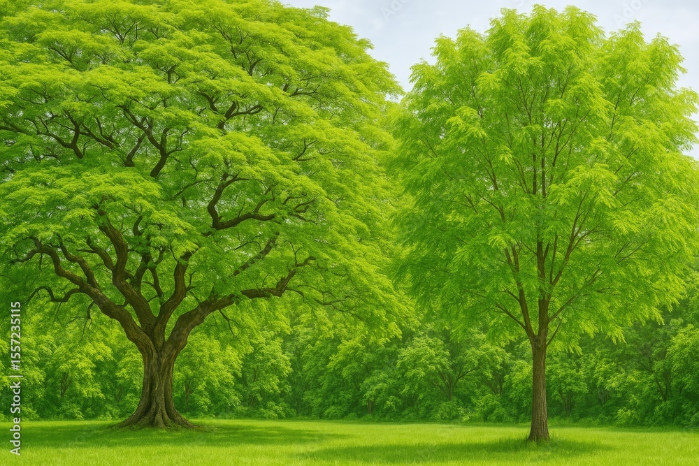 Fototapeta premium Lush Jungle Scene Featuring a Large Jalebi (Kodukapuli) Tree and Neem Tree with Vibrant Foliage