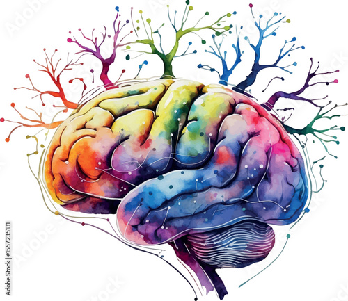 Futuristic watercolor AI brain with colorful neural circuits and branching flow