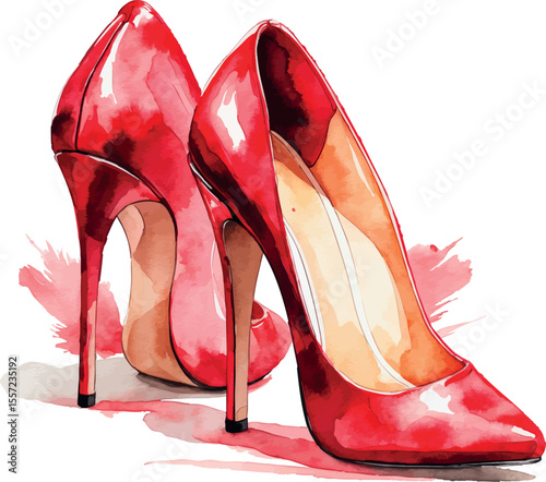 Watercolor elegant red high heels feminine fashion illustration isolated on white