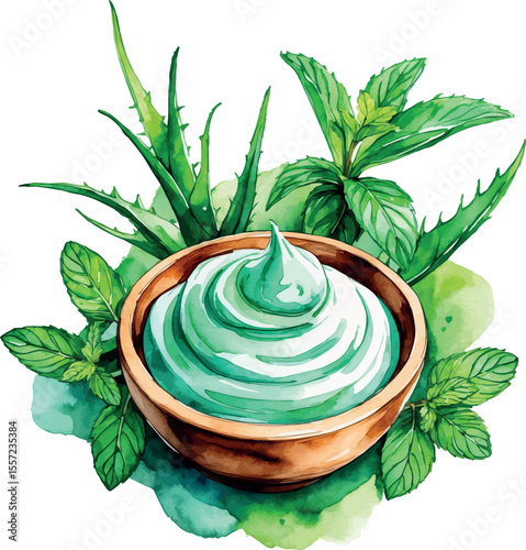 Watercolor vector of herbal face mask with aloe vera and mint for natural skincare