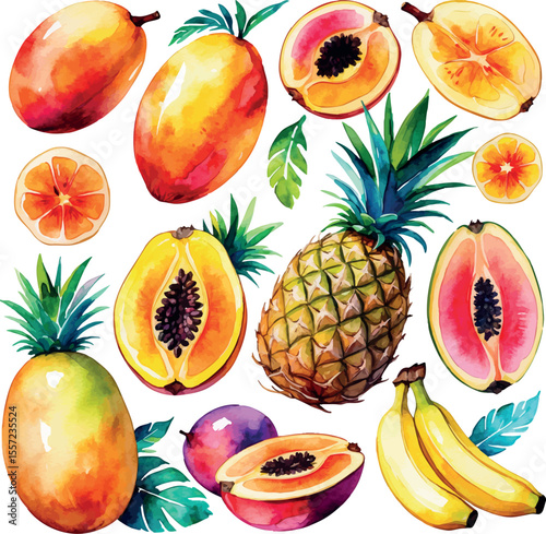 Watercolor tropical fruit mix with mango papaya pineapple and banana on white background