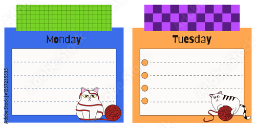 Kids Daily planner list. Vector illustration of Day Planner with Whimsical cute cat input text area and duct tape. Perfect silly child to do list nursery scrapbook art. EPS 10