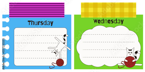 Vector set of kids Daily planner list. Vector of Day Planner with silly adorable cat and sticky tape. Ideal child Plan list nursery schedule design. EPS 10