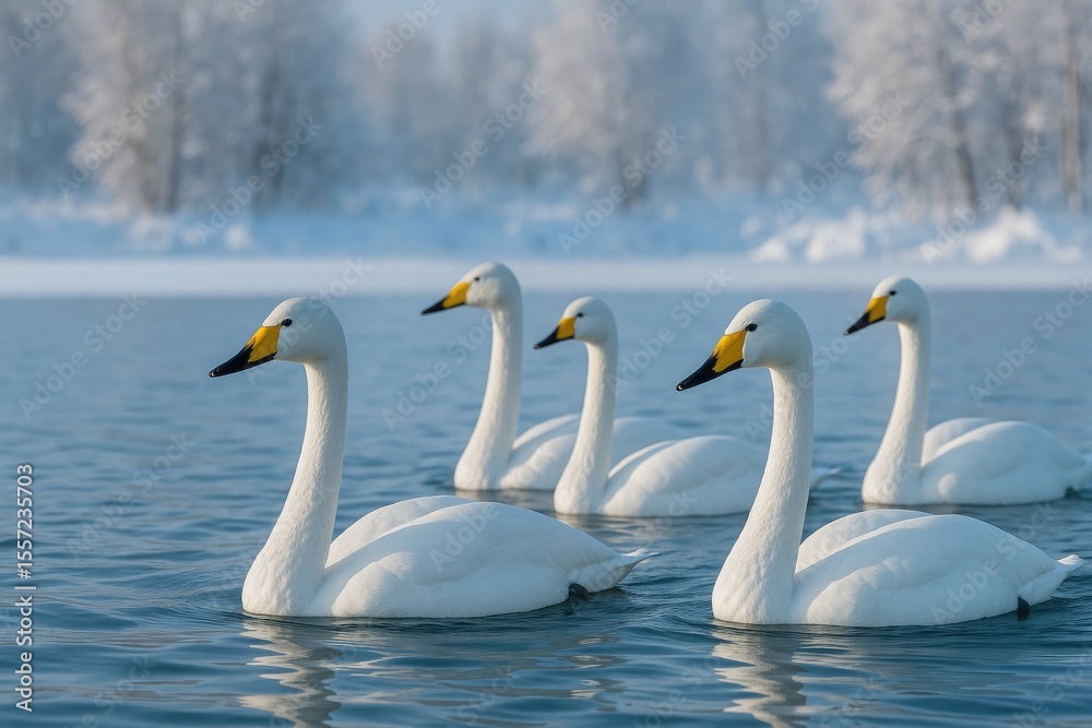 Obraz premium Elegant white swans gliding across a chilly winter lake