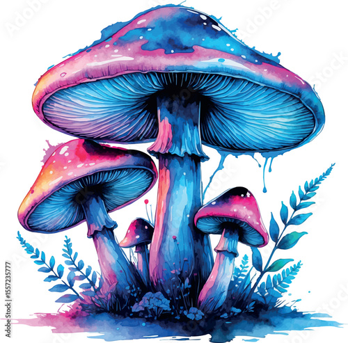 Surreal psychedelic mushroom watercolor illustration. Dreamlike botanical design with electric blues and hot pinks.