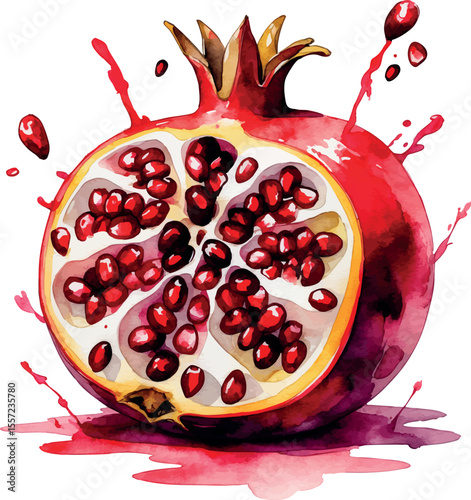 Watercolor pomegranate with juicy seeds and splashes in rich red on white background