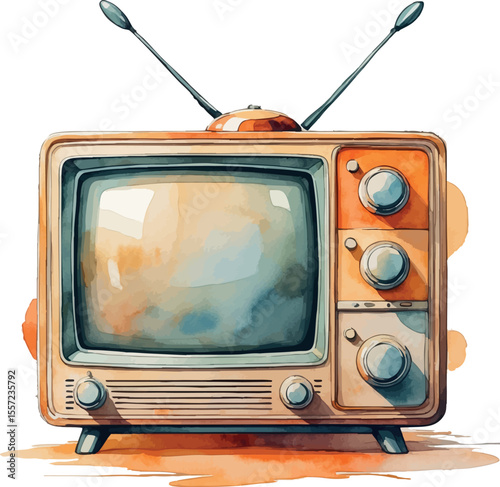 Watercolor retro TV with rabbit ears and knobs 1970s nostalgic style illustration