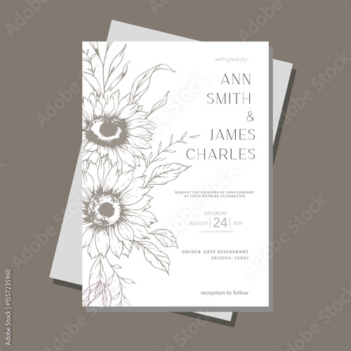 Sunflowers Wedding Invitation template, Outline Sunflowers Minimalist Wedding Invitate Template, Line Art Sunflowers Wedding