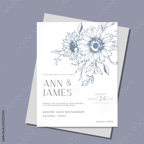 Sunflowers Wedding Invitation template, Outline Sunflowers Minimalist Wedding Invitate Template, Line Art Sunflowers Wedding