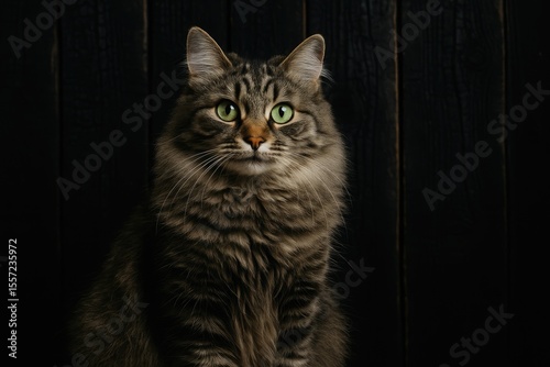 A soft, long-haired gray tabby with striking green eyes resting against aged burnt pine wood