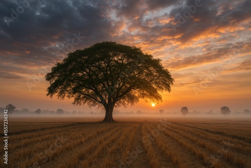 Majestic tree standing amidst a parched rice field during winter with a striking sky and misty atmosphere