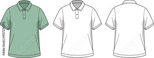 CAD drawing flat vector illustration of short sleeve polo shirt, front and back views, green and white design, detailed stitch lines, collar style, garment layout, fashion sketch