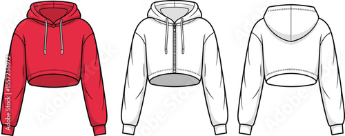 CAD drawing flat vector illustration of cropped hoodie, front and back views, color and outline versions, technical fashion sketch, stylish streetwear design, clothing layout, garment template