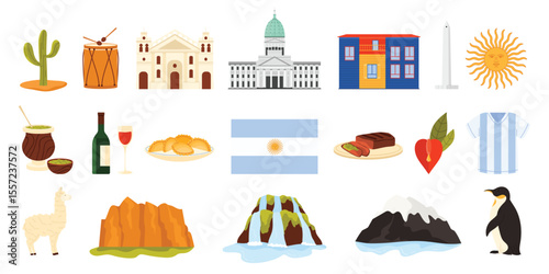 Travel to Argentina, culture and food, nature and architecture landmarks set. Argentinian flag and Caminito houses, famous, wine and empanadas, Talampaya National Park cartoon vector illustration