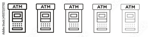 ATM machine iconBlack linear bold and thin strokes set