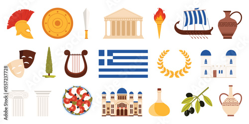 Welcome to Greece, culture and history elements set. Old buildings of Santorini and Pantheon temple, harp and torch, ship of ancient Greeks, warrior shield and sword cartoon vector illustration