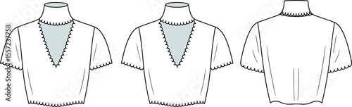 CAD drawing flat vector illustration of women’s blouse, short sleeves, high neck, scalloped sleeve edges, stylish garment sketch, technical front and back views, clothing layout