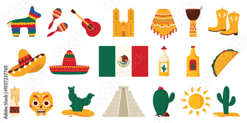 Travel to Mexico, heritage landmarks and carnival culture elements, food and drink set. Guitar and maracas, pinata for latino music party, Aztec pyramid and cactuses cartoon vector illustration