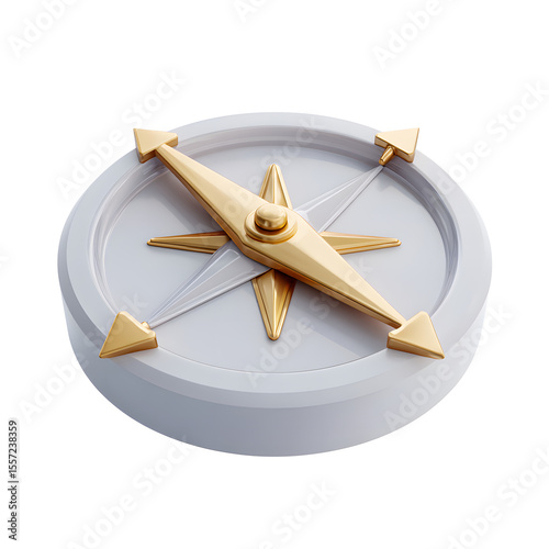 Elegant gold compass pointing north, isolated on white background.