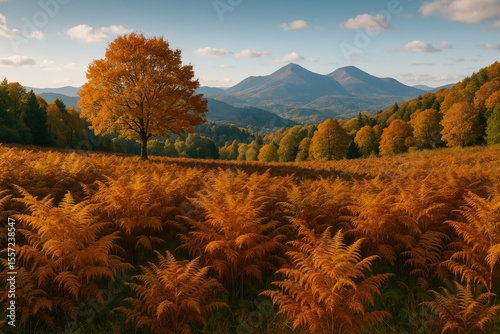 Stunning fall scenery featuring lush ferns and far-off mountain ranges