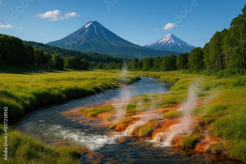 A tranquil river flowing past geothermal hot springs surrounded by lush meadows, dense woods, and volcanic peaks