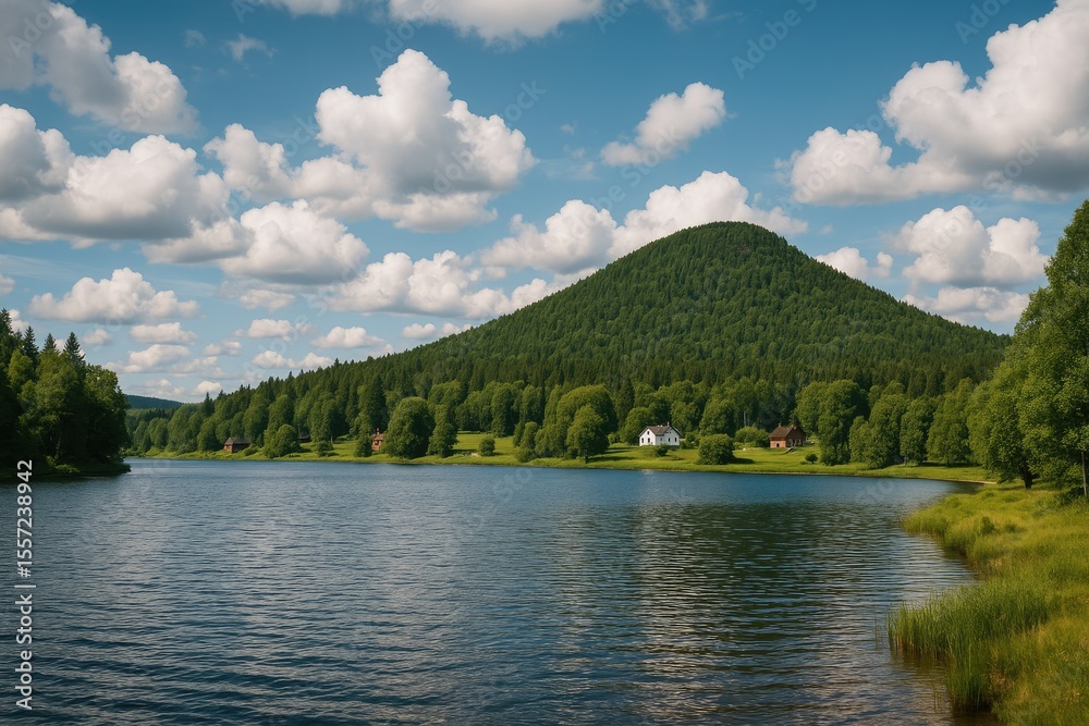 Fototapeta premium A picturesque landscape featuring a waterside scene with a cloudy sky, a forested hill, and scattered houses on a warm summer afternoon