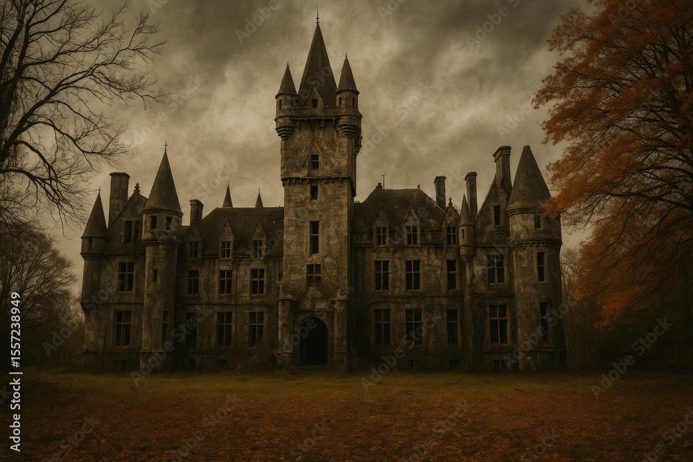 Obraz premium Haunted fortress captured during fall with a gritty, abandoned atmosphere